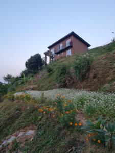 La Grange Farmhouse Dhulikhel في دهوليكهيل: منزل على جانب تل مع الزهور