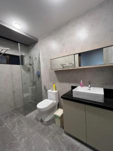 a bathroom with a toilet and a sink and a shower at Traveller's stay for 10 pax in Ipoh +55 photos