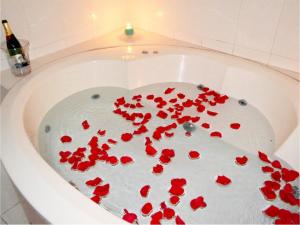 a heart shaped bath tub filled with red bleeding hearts at Le Saint-Etienne in Trujillo