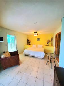 a bedroom with a bed and a table at Beachfront Cozy Apt in Gros Islet