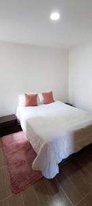 派帕的住宿－Apartamento para descansar 3，卧室配有白色床和粉红色地毯