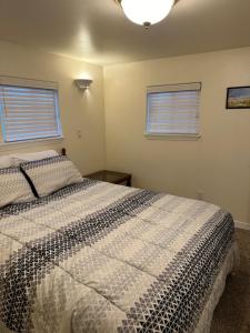 een slaapkamer met een bed en 2 ramen bij Cozy Cottage House A with Carport in Twin Falls