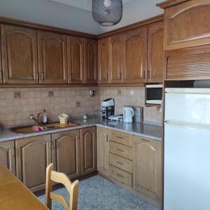 una cucina con armadi in legno e frigorifero bianco di Panos Suite a Kastoria