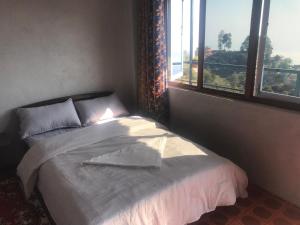 łóżko w pokoju z dużym oknem w obiekcie Sunrise Point Homestay w mieście Nagarkot