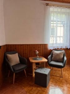 a room with two chairs and a table and a window at Hřensko 27 Apartmány in Hřensko