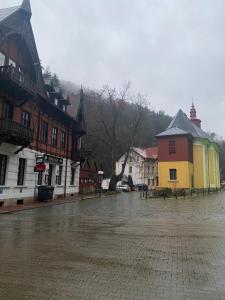 a wet street in a town with buildings at Hřensko 27 Apartmány in Hřensko