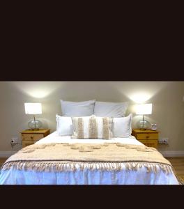 1 dormitorio con 1 cama grande y 2 lámparas en Millwood House en Durban