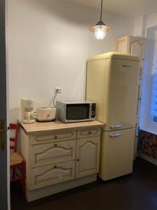 a kitchen with a microwave and a refrigerator at La Résidence 1 in Le Mont-Dore