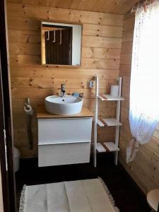 ein Badezimmer mit einem Waschbecken in einer Holzhütte in der Unterkunft le chalet sous l'olivier in Boulbon