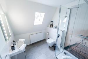 een badkamer met een toilet en een glazen douche bij Hökis-Zimmervermietung 10 mit Küchenzeile in Brande-Hörnerkirchen