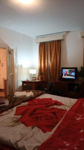 - une chambre avec un grand lit et une télévision dans l'établissement Liberty Apartment, à Cluj-Napoca