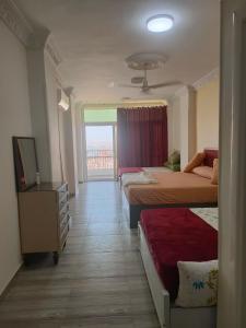 pokój hotelowy z 2 łóżkami i telewizorem w obiekcie Panoramic Apartment looks over Nile river w mieście Aswan
