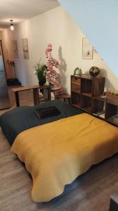 a bedroom with a large bed with a yellow blanket at Appartement BELLO , ruelle au cœur de ville, arrivée en autonomie in Lons-le-Saunier