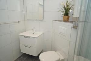a white bathroom with a toilet and a sink at Penthousewohnung mit Traumblick au in Damp +9 photos