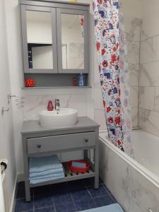 a bathroom with a sink and a shower curtain at Disneyland Paris 70m² face Parc, place Ariane in Serris