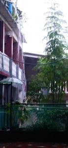 an outside view of a building with a tree and an umbrella at Hotel los Mangostinos calle 7 número 5-26 frente al expreso Bolivariano in Mariquita