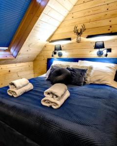 Un dormitorio con una cama azul con almohadas. en Chill and Rest Apartments en Falsztyn