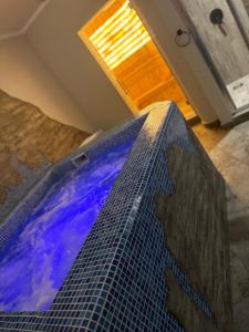 Habitación con bañera de hidromasaje y suelo de baldosa azul. en Fenix Apartments en Soko Banja