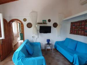 a living room with blue couches and a tv at Villa Stephanie in Paleokastritsa