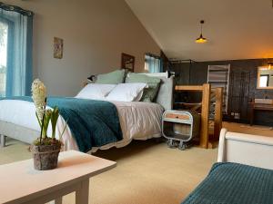 sypialnia z łóżkiem, krzesłem i biurkiem w obiekcie La Grange aux hirondelles - appartement complet et indépendant w mieście Commelle-Vernay
