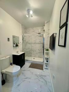 uma casa de banho branca com um WC e um chuveiro em Lovely CroydonCentral apartment em Croydon