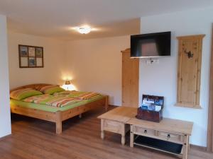 a bedroom with a bed and a flat screen tv at Appartement Berndlhof Mitterberg - Gröbming - Schladming in Gersdorf