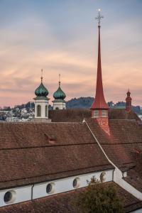 uma vista para os telhados de edifícios com cúpulas em Hotel Goldener Stern - contactless check-in em Lucerna