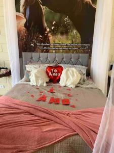 una cama con un corazón rojo y una almohada en ella en Chalé Romântico C. grande do Sul en Campina Grande do Sul