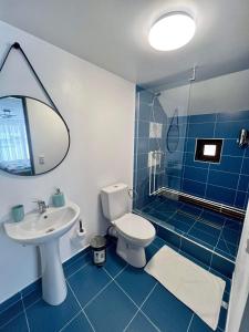 a blue bathroom with a toilet and a sink at Casa Vera in Vidra