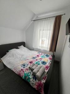 a bedroom with a bed with pillows and a window at Casa Vera in Vidra