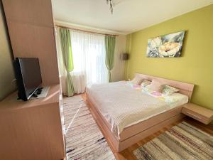 Apartment Cristian في تيميشوارا: غرفة نوم صغيرة بها سرير وتلفزيون