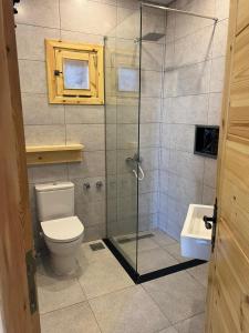 a bathroom with a toilet and a glass shower at Village Light House Dahab in Dahab