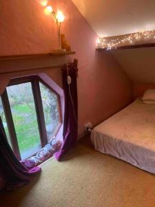 a bedroom with a bed and a window with purple curtains at Games Room in Llanfynydd