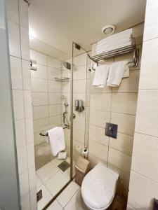 a bathroom with a toilet and a shower with towels at Maria s Single Room with Gym and Bar in Jounieh