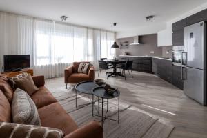 Lovely modern 1-bedroom apartment, free parking في ريكيافيك: غرفة معيشة مع أريكة وطاولة
