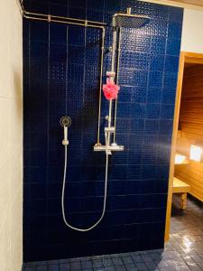 a shower in a bathroom with a blue tiled wall at Blueberry Villa at Saimaa Lakeside in Taipalsaari