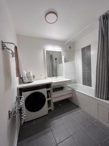 a bathroom with a sink and a washing machine at Appartement Saint-Denis in Saint-Denis
