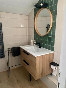 y baño con lavabo y espejo. en Maison individuelle, en Villecomtal-Sur-Arros
