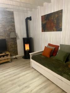 a living room with a bed and a fireplace at Maison individuelle in Villecomtal-Sur-Arros