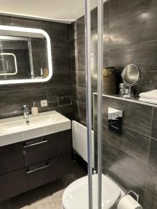 a bathroom with a toilet and a sink and a mirror at B&B Ereprijs in The Hague