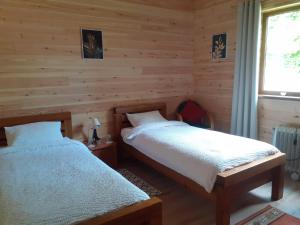 two beds in a room with wooden walls at Forest Edge Cottage in Rīga