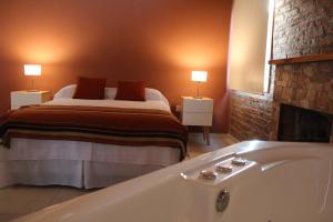 ein Schlafzimmer mit einem Bett und einer Badewanne mit einem Bett in der Unterkunft CABAÑAS LOS ARRAYANES in Chascomús