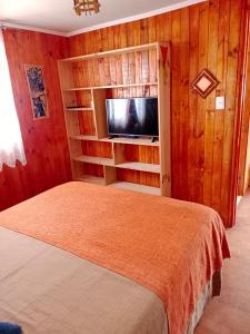 a bedroom with a bed and a tv and wooden walls at Cabaña Totoralillo in Coquimbo