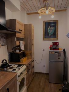 a kitchen with a stove and a refrigerator at Ozierański Raj "Pod rzeźbami" in Krynki