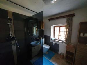 La salle de bains est pourvue d'un lavabo, de toilettes et d'une fenêtre. dans l'établissement URige Hütte, à Maria Elend