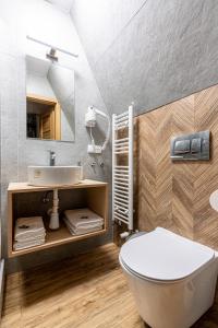 a bathroom with a white toilet and a sink at Willa Cicha Woda Centrum in Zakopane