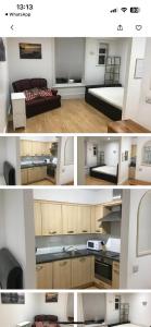 two pictures of a living room and a kitchen at Aspect apartments in Chesham