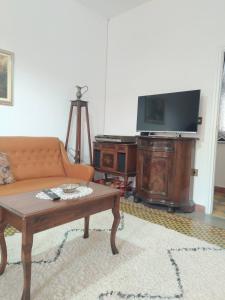 ORVIETO BRICK HOUSE في أورفييتو سكالو: غرفة معيشة مع أريكة وتلفزيون بشاشة مسطحة
