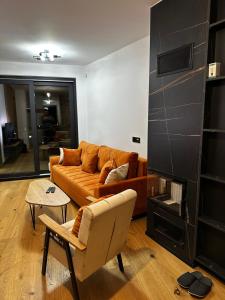 a living room with a couch and a fireplace at Apartment Aurora in Bjelašnica