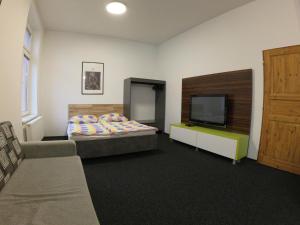 a bedroom with a bed and a flat screen tv at Penzion SPORTINO in Svoboda nad Úpou